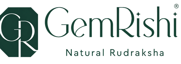 GemRishi Natural Rudraksha logo on a white background, featuring a dark green stylized 'GR' emblem and the brand name in dark green text.
